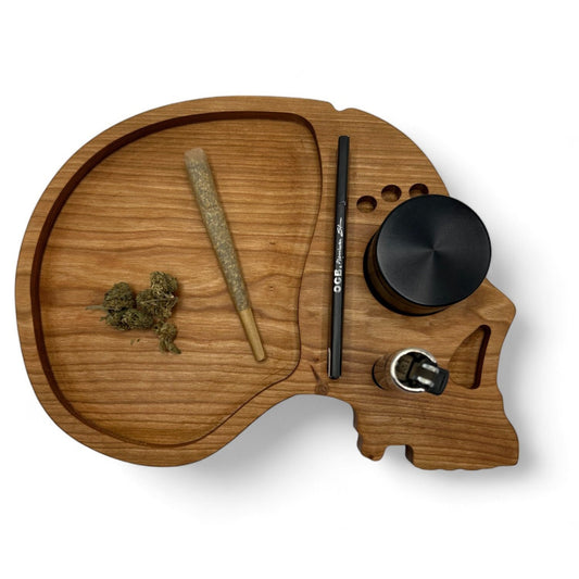 Skull Rolling Tray Set Cherry Wood Handmade Cannabis Accessories Weed Tray Stoner Gift Marijuana with Herb Grinder To Fit Eye Slot Accessory